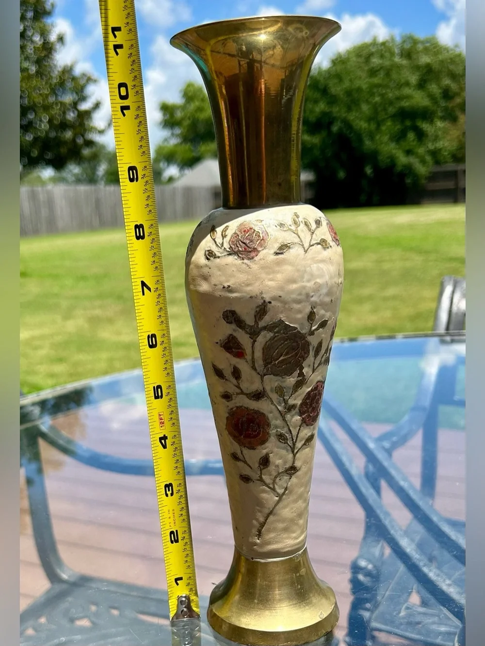 Vintage Enameled Brass Rose Bud Vase 70s India Cloisonne Style - Picture 10 of 12